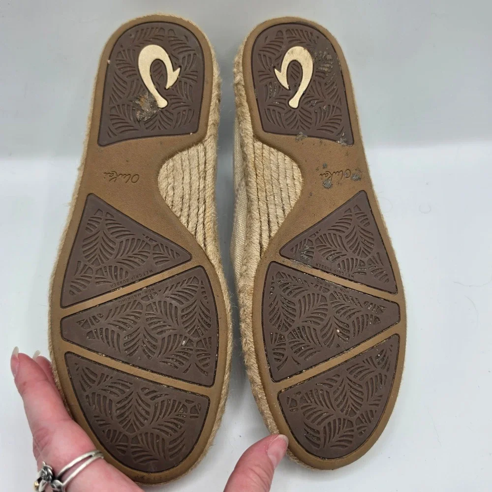 Olukai Kaula Pa'a Kapa Tan Linen Espadrille Slip On Shoes Womens 8.5